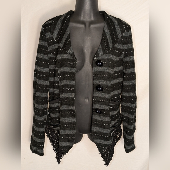 SOLD. Young Essence Black & Gray Striped Cardigan - Picture 4 of 5